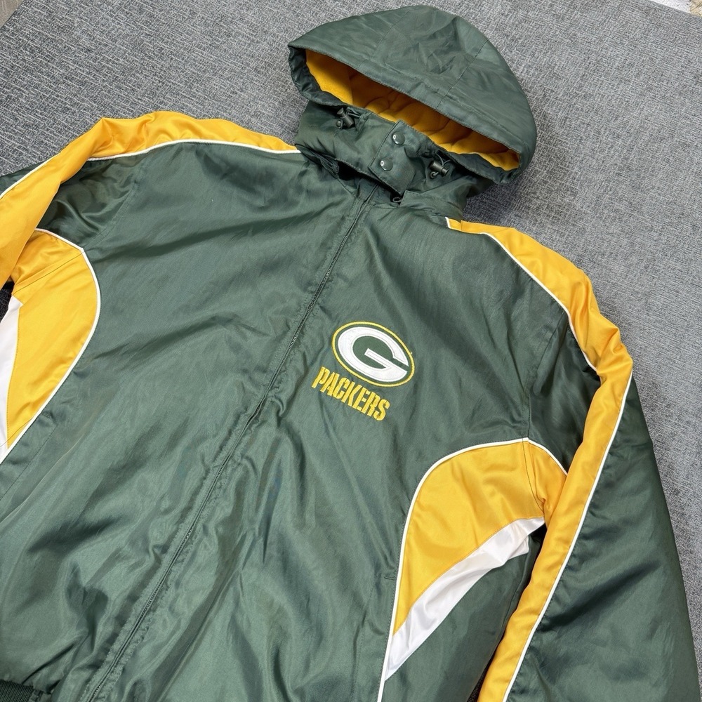 Green Bay Packers Jacket Mens Large NFL Hooded Puffer Coat Green Yellow